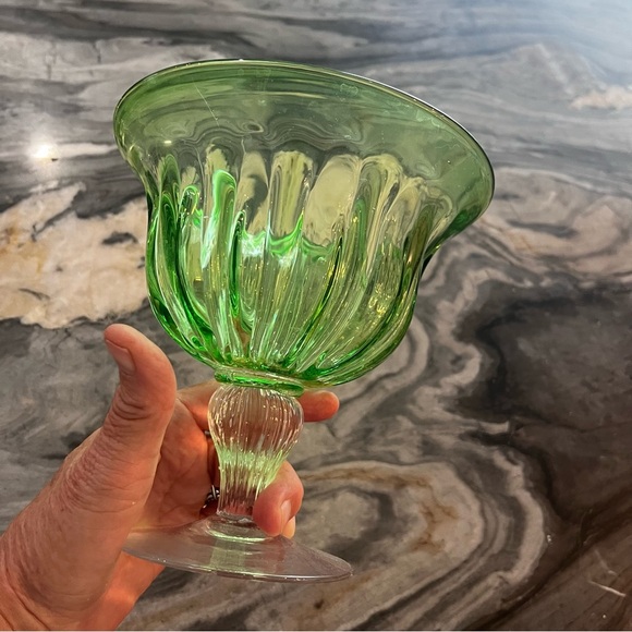 Hand Blown Green Fluted Compote Bowl Italy - Picture 8 of 11